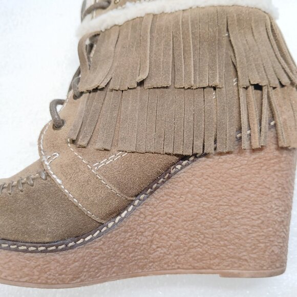 Sam Edelman Suede Fringe Ankle Wedge Boots 4" Heel Women's 8 VGUC - Picture 6 of 16